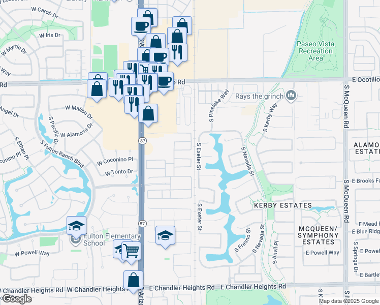 map of restaurants, bars, coffee shops, grocery stores, and more near 298 East Kaibab Drive in Chandler