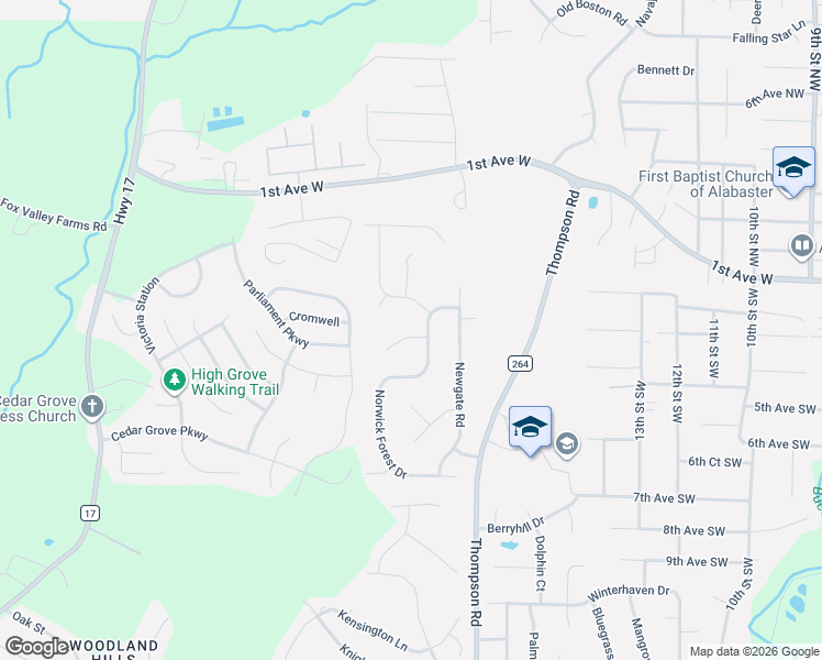 map of restaurants, bars, coffee shops, grocery stores, and more near 402 Norwick Circle in Alabaster