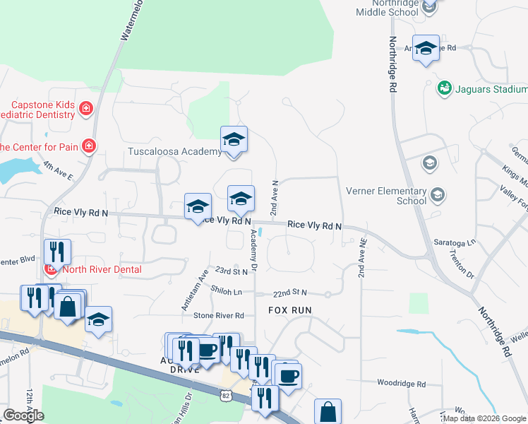 map of restaurants, bars, coffee shops, grocery stores, and more near 1 Ridgeland Drive in Tuscaloosa
