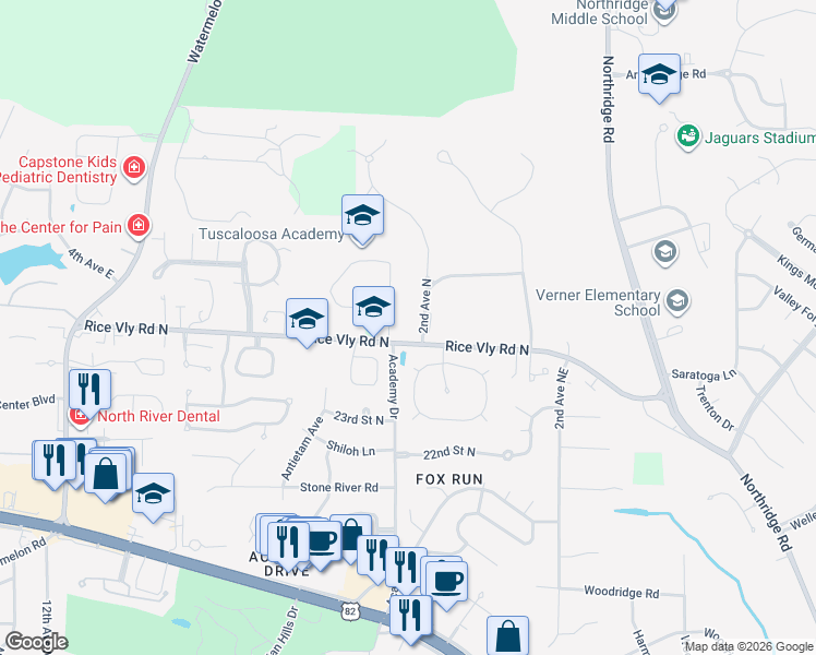 map of restaurants, bars, coffee shops, grocery stores, and more near 1 Ridgeland in Tuscaloosa
