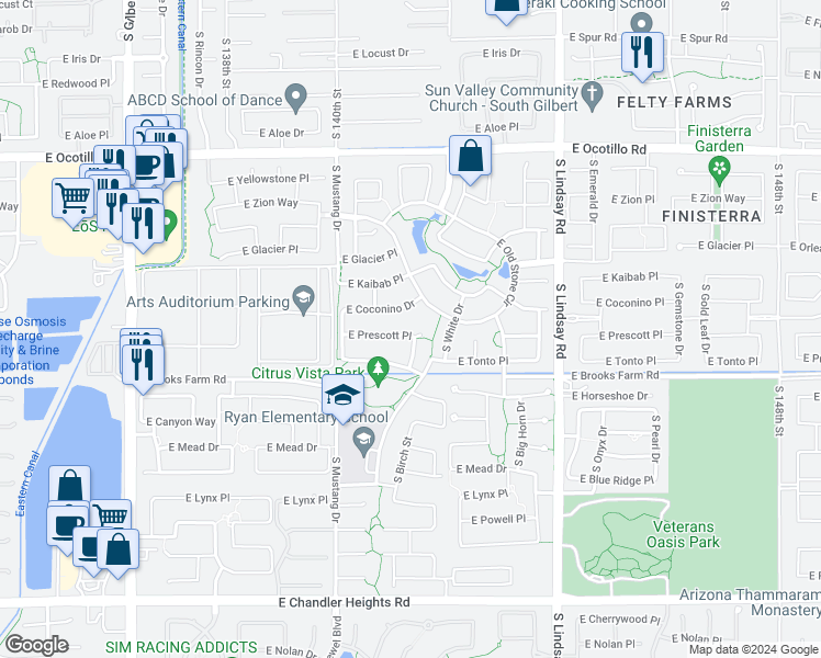 map of restaurants, bars, coffee shops, grocery stores, and more near 3652 East Prescott Place in Chandler