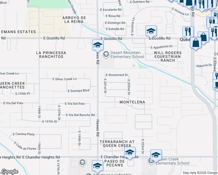 map of restaurants, bars, coffee shops, grocery stores, and more near 20137 East Silver Creek Lane in Queen Creek
