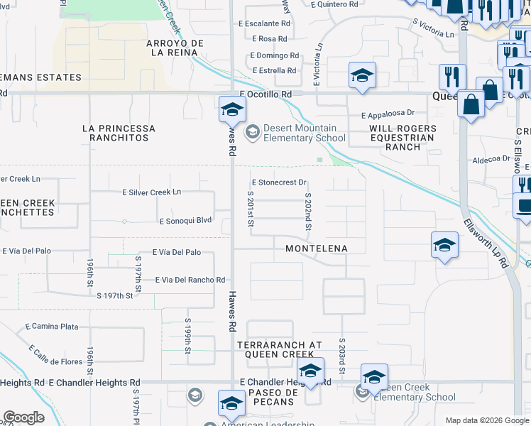 map of restaurants, bars, coffee shops, grocery stores, and more near 20137 East Silver Creek Lane in Queen Creek