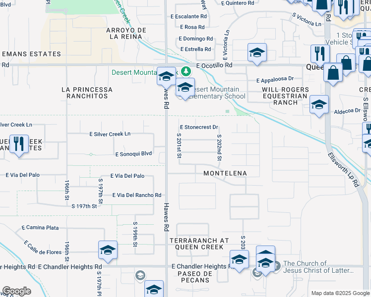 map of restaurants, bars, coffee shops, grocery stores, and more near 20137 East Silver Creek Lane in Queen Creek