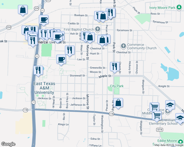map of restaurants, bars, coffee shops, grocery stores, and more near 1406 Moore Street in Commerce
