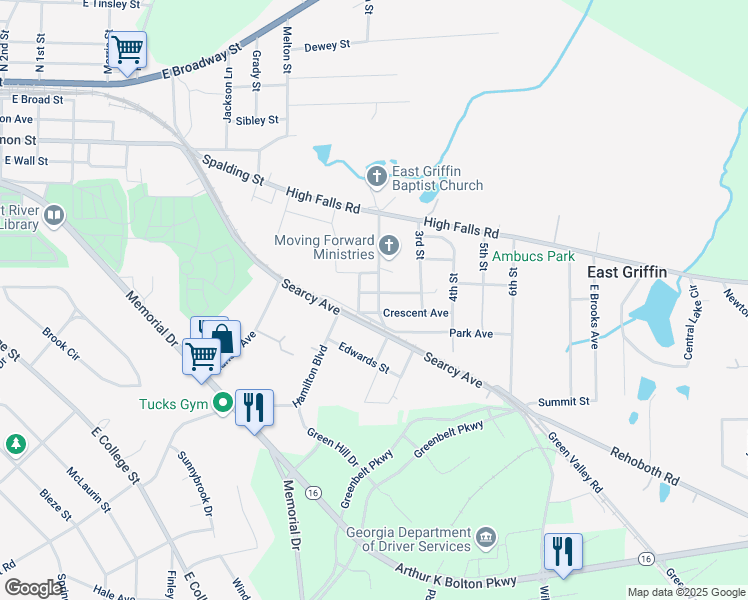 map of restaurants, bars, coffee shops, grocery stores, and more near 26 Cascade Avenue in Griffin