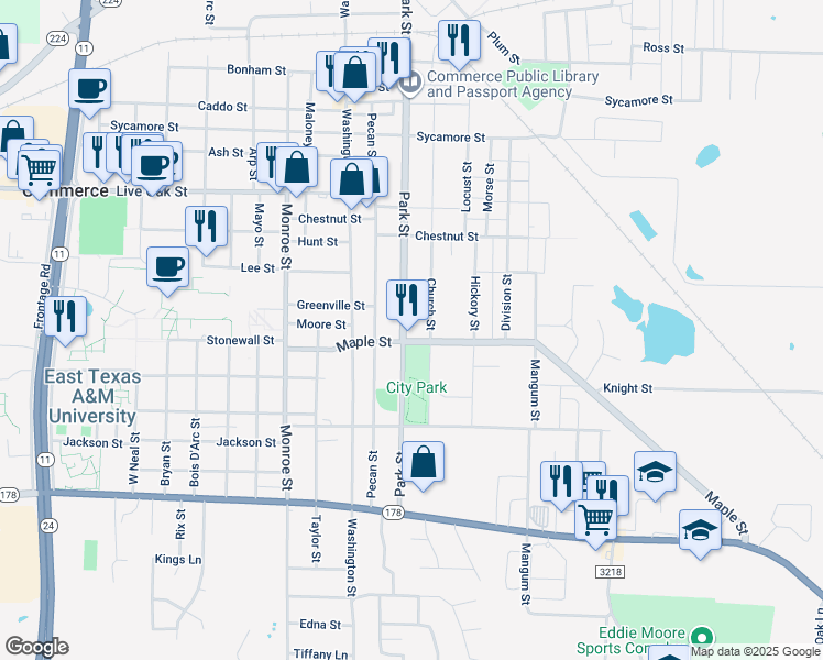 map of restaurants, bars, coffee shops, grocery stores, and more near 1814 Park Street in Commerce
