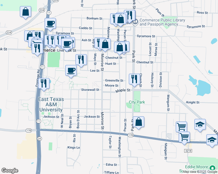 map of restaurants, bars, coffee shops, grocery stores, and more near 1406 Moore Street in Commerce