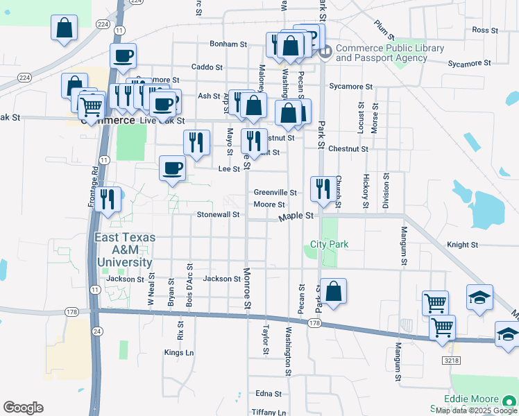 map of restaurants, bars, coffee shops, grocery stores, and more near 1406 Moore Street in Commerce