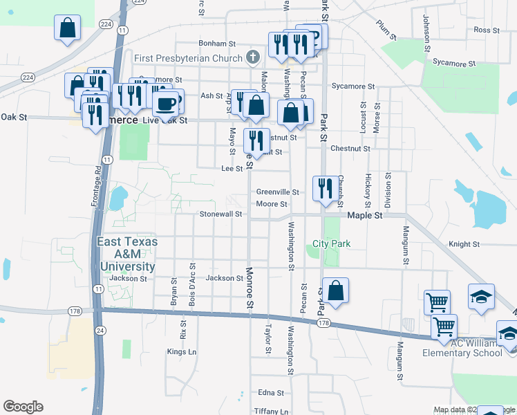 map of restaurants, bars, coffee shops, grocery stores, and more near 1406 Moore Street in Commerce