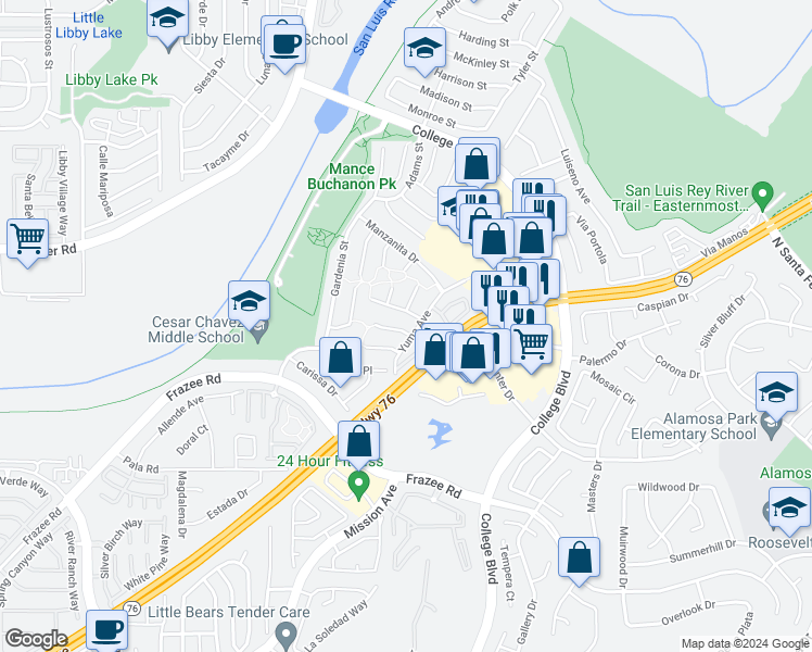 map of restaurants, bars, coffee shops, grocery stores, and more near 278 Flame Tree Place in Oceanside