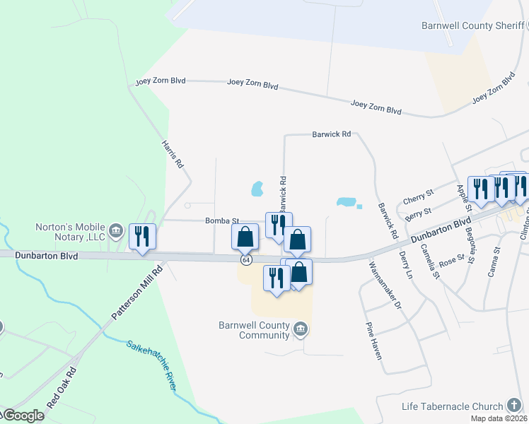map of restaurants, bars, coffee shops, grocery stores, and more near 70 Bomba Street in Barnwell