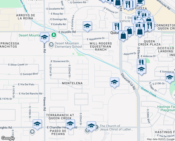 map of restaurants, bars, coffee shops, grocery stores, and more near 22593 South 204th Street in Queen Creek