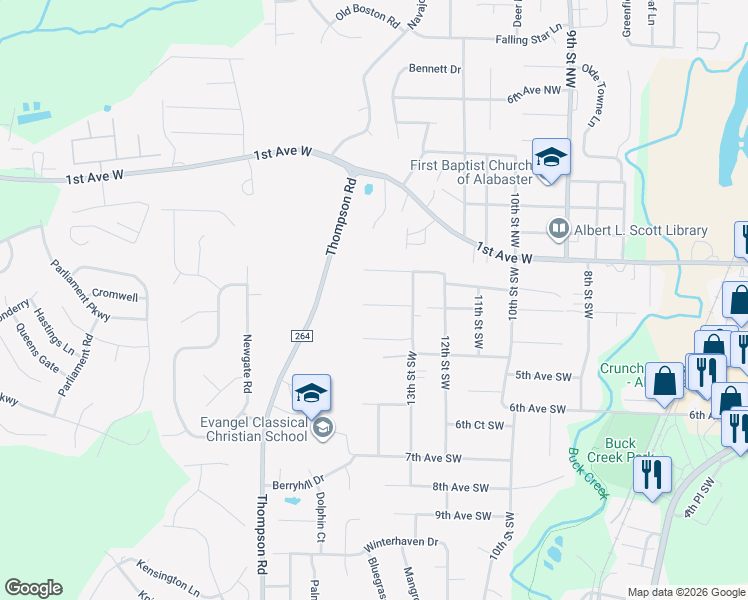 map of restaurants, bars, coffee shops, grocery stores, and more near 1346 3rd Avenue Southwest in Alabaster