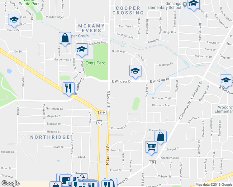 map of restaurants, bars, coffee shops, grocery stores, and more near 119 Gable Ct in Denton