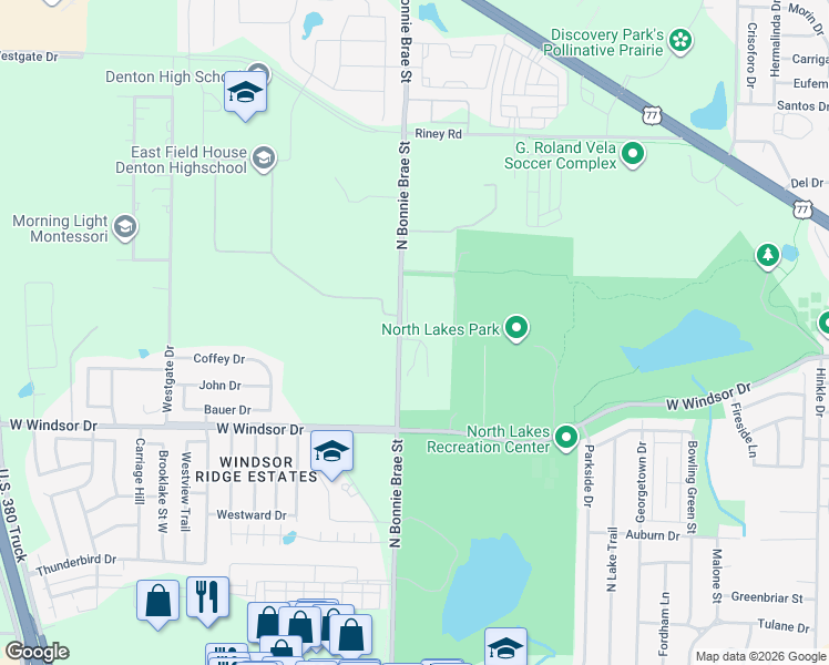 map of restaurants, bars, coffee shops, grocery stores, and more near 2748-3048 North Bonnie Brae Street in Denton