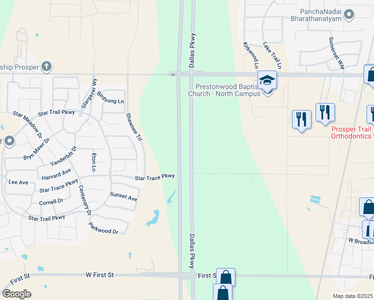 map of restaurants, bars, coffee shops, grocery stores, and more near Dallas North Tollway in Prosper