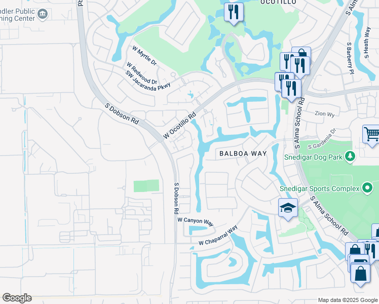 map of restaurants, bars, coffee shops, grocery stores, and more near 1905 West Grand Canyon Drive in Chandler