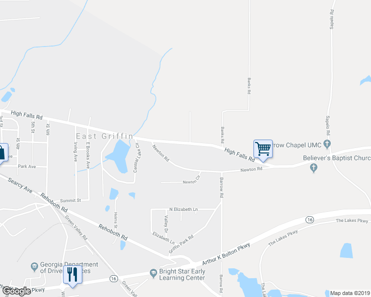 map of restaurants, bars, coffee shops, grocery stores, and more near 1214 High Falls Road in Griffin
