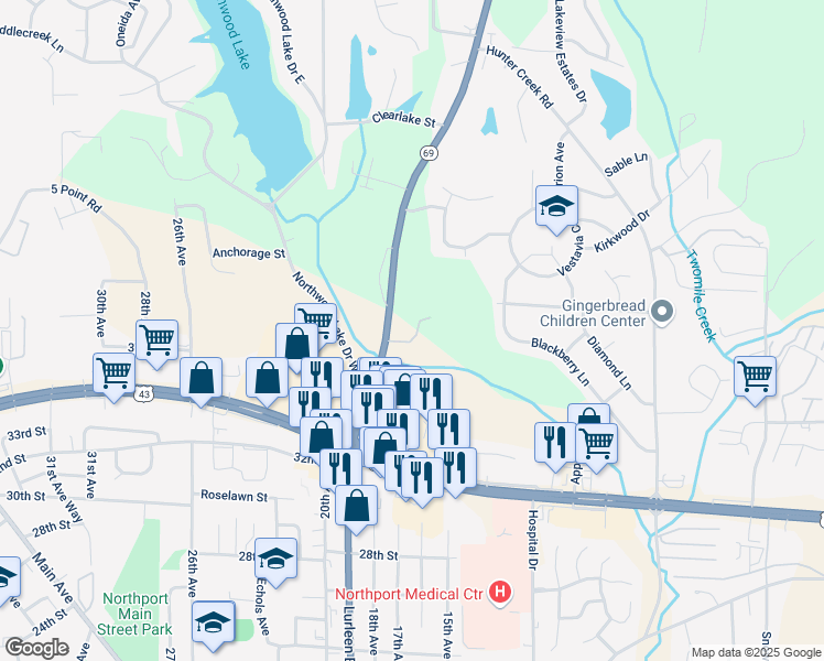 map of restaurants, bars, coffee shops, grocery stores, and more near 3845 Alabama 69 in Northport