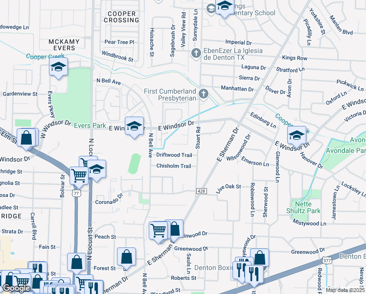 map of restaurants, bars, coffee shops, grocery stores, and more near 713 Windfields Street in Denton