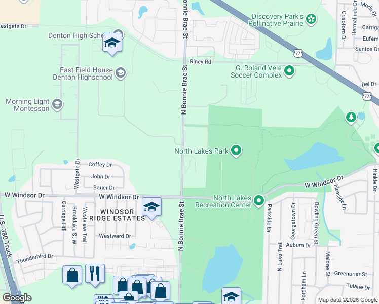 map of restaurants, bars, coffee shops, grocery stores, and more near 2748-3048 North Bonnie Brae Street in Denton