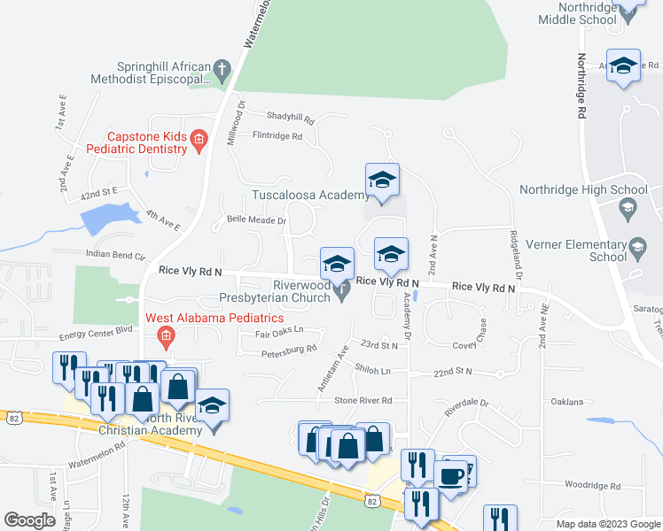 map of restaurants, bars, coffee shops, grocery stores, and more near 508 Garden Drive in Tuscaloosa