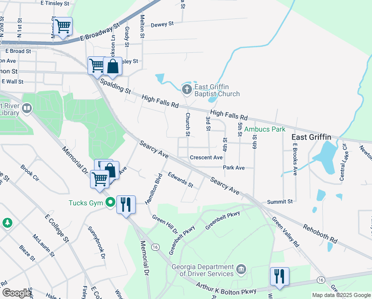 map of restaurants, bars, coffee shops, grocery stores, and more near 26 Cascade Avenue in Griffin
