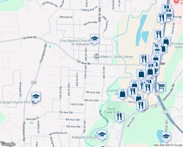 map of restaurants, bars, coffee shops, grocery stores, and more near 931 2nd Avenue Southwest in Alabaster