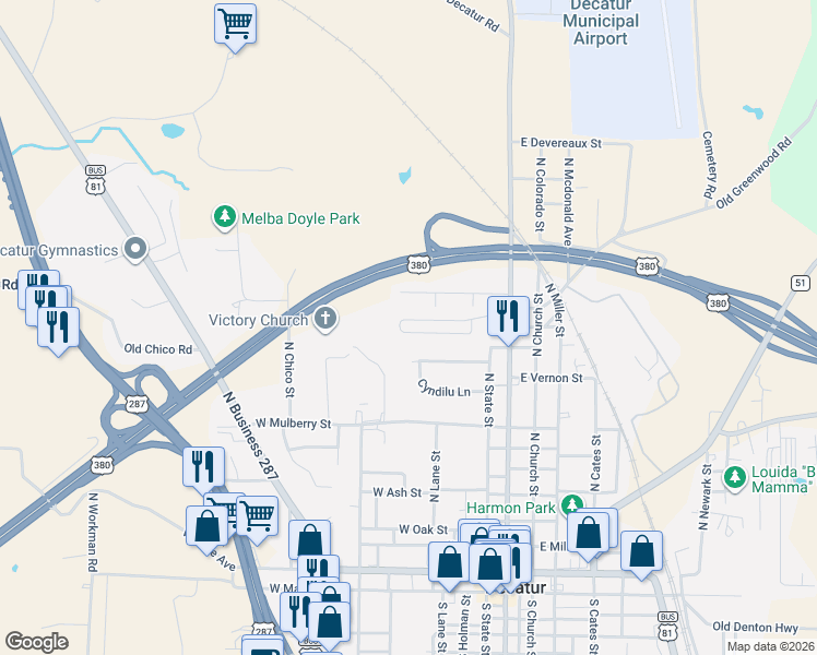 map of restaurants, bars, coffee shops, grocery stores, and more near 296 Emmacall Court in Decatur