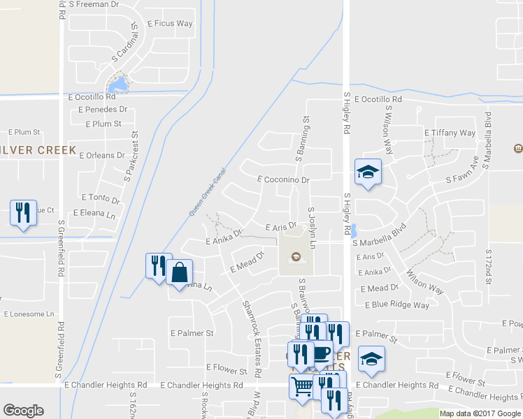 map of restaurants, bars, coffee shops, grocery stores, and more near 5907 South Tucana Lane in Gilbert