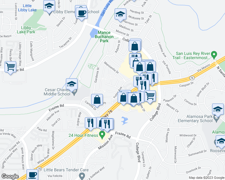map of restaurants, bars, coffee shops, grocery stores, and more near 266 Flame Tree Place in Oceanside