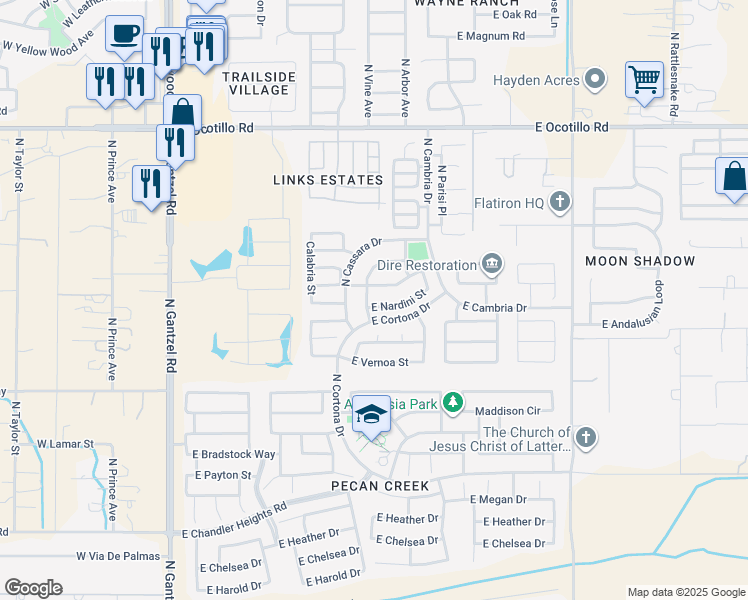 map of restaurants, bars, coffee shops, grocery stores, and more near 930 East Nardini Street in Queen Creek
