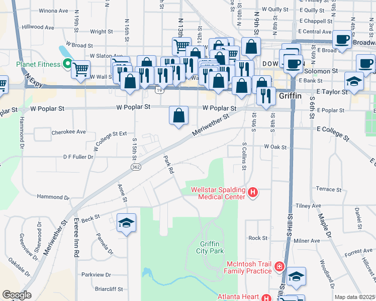 map of restaurants, bars, coffee shops, grocery stores, and more near 702 Meriwether Street in Griffin
