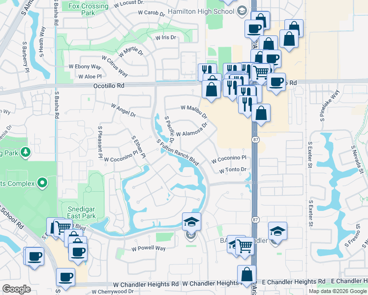 map of restaurants, bars, coffee shops, grocery stores, and more near 4291 South Iowa Street in Chandler