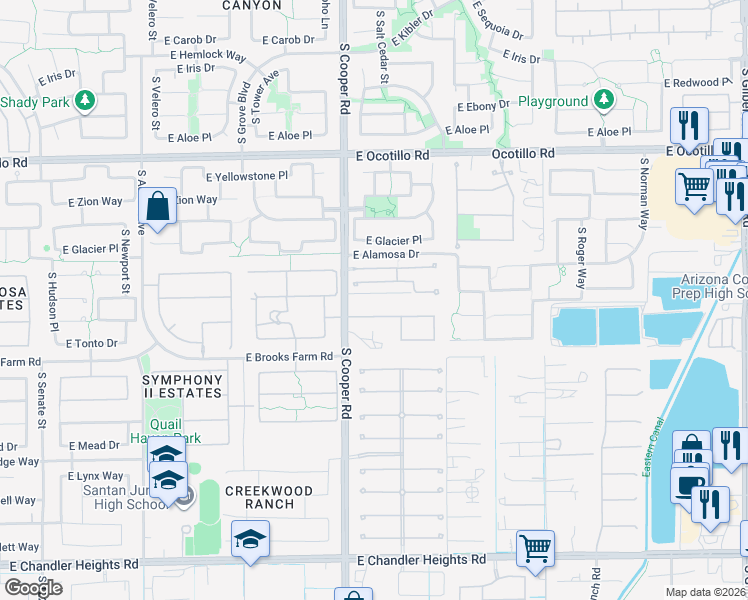 map of restaurants, bars, coffee shops, grocery stores, and more near 2033 East Coconino Place in Chandler