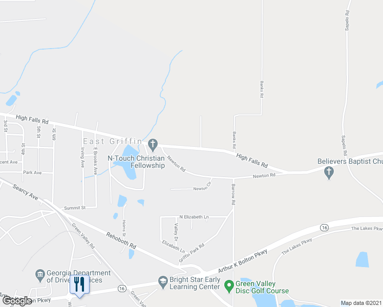 map of restaurants, bars, coffee shops, grocery stores, and more near 1214 High Falls Road in Griffin