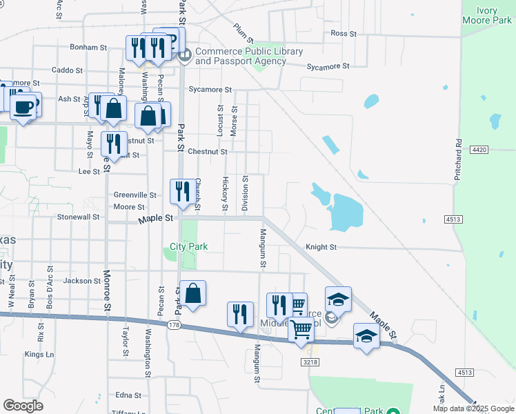 map of restaurants, bars, coffee shops, grocery stores, and more near 2017 Mangum Street in Commerce