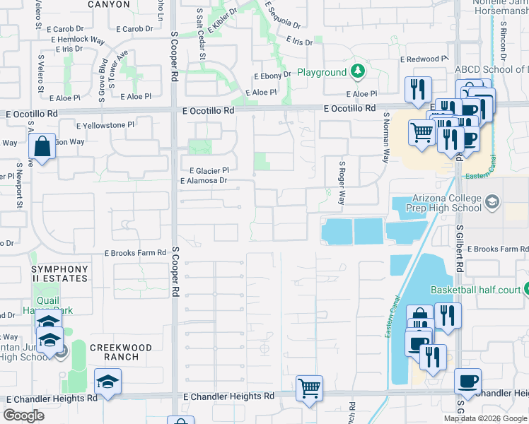 map of restaurants, bars, coffee shops, grocery stores, and more near 2331 East Coconino Drive in Chandler