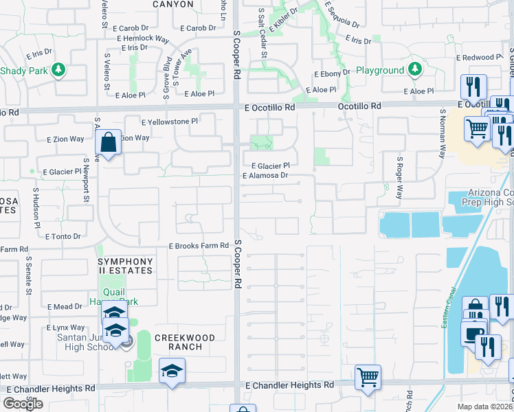 map of restaurants, bars, coffee shops, grocery stores, and more near 2033 East Coconino Place in Chandler