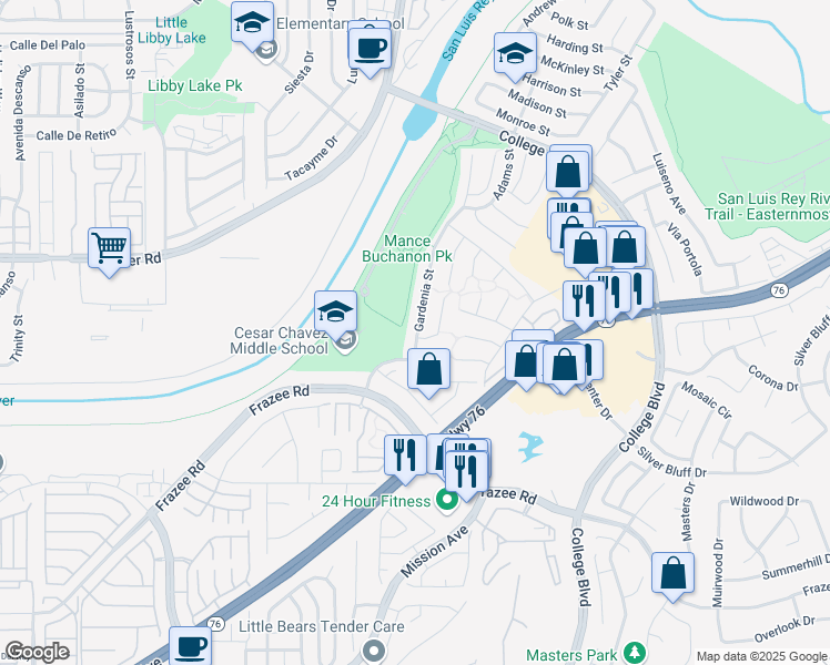 map of restaurants, bars, coffee shops, grocery stores, and more near 2 Wilshire Road in Oceanside