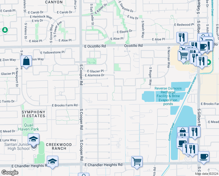 map of restaurants, bars, coffee shops, grocery stores, and more near 2193 East Coconino Place in Chandler