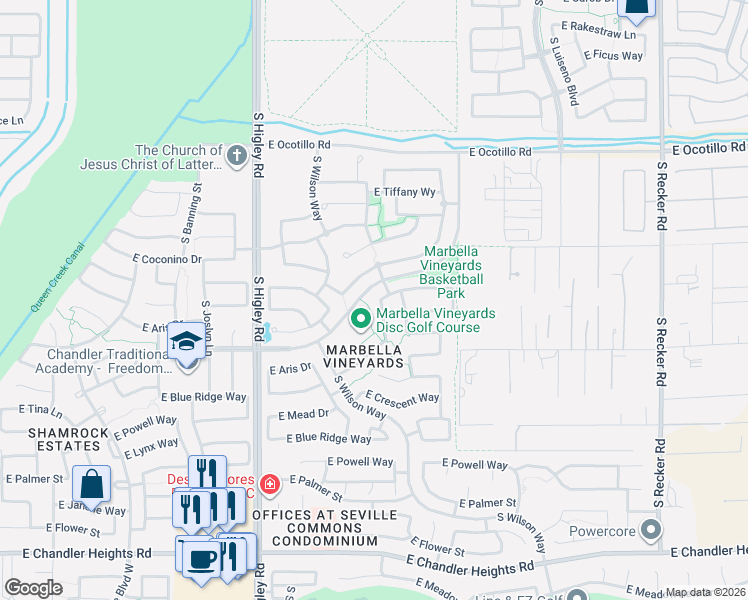 map of restaurants, bars, coffee shops, grocery stores, and more near 5908 South Inez Drive in Gilbert