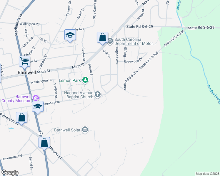 map of restaurants, bars, coffee shops, grocery stores, and more near 1277 Hagood Avenue in Barnwell