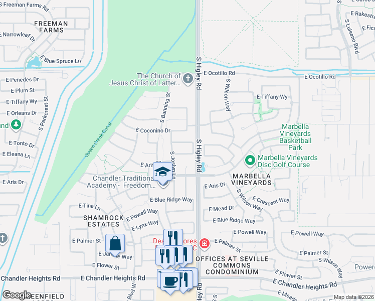 map of restaurants, bars, coffee shops, grocery stores, and more near 3150 East Eleana Lane in Gilbert