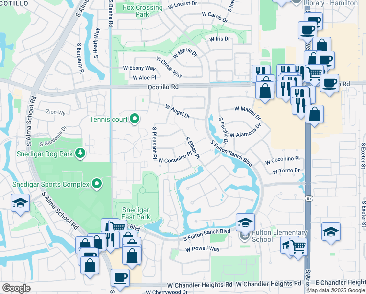 map of restaurants, bars, coffee shops, grocery stores, and more near 625 West Kaibab Place in Chandler