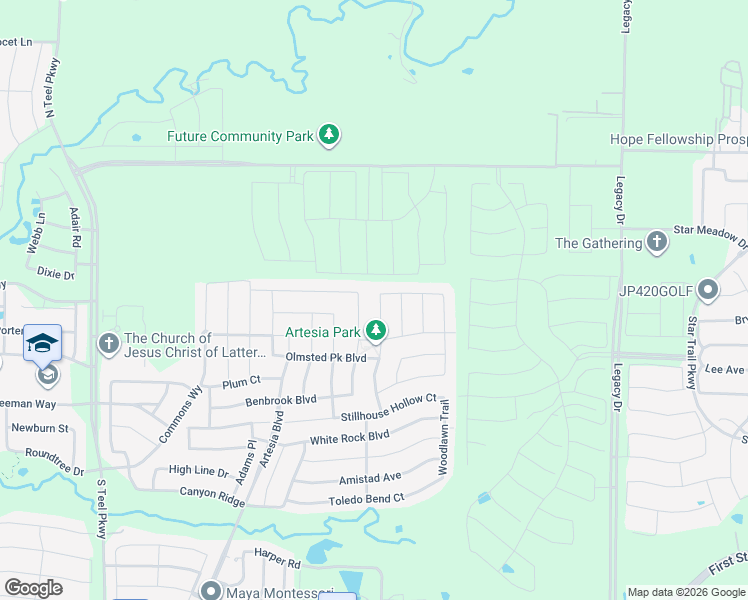 map of restaurants, bars, coffee shops, grocery stores, and more near 2417 Austin Lane in Prosper