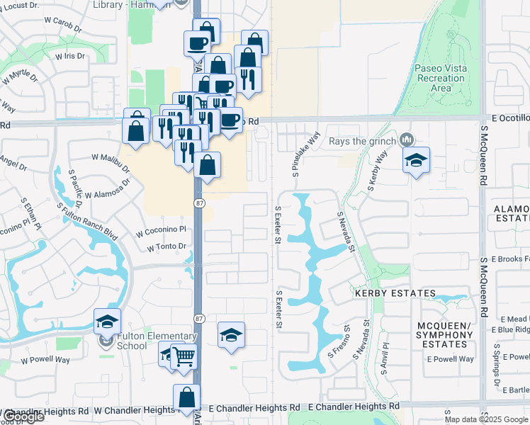 map of restaurants, bars, coffee shops, grocery stores, and more near 298 East Kaibab Drive in Chandler