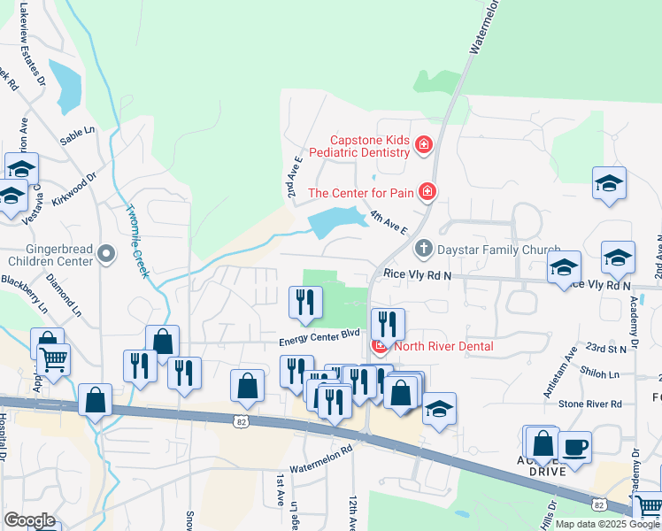 map of restaurants, bars, coffee shops, grocery stores, and more near 7 Indian Bend Circle in Tuscaloosa