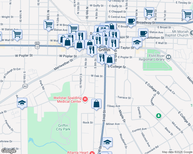 map of restaurants, bars, coffee shops, grocery stores, and more near 112 West Oak Street in Griffin